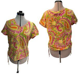 Caribbean Joe Womens Shirt Size XL Tropical Floral Tie Cinched Sides Knit V-Neck